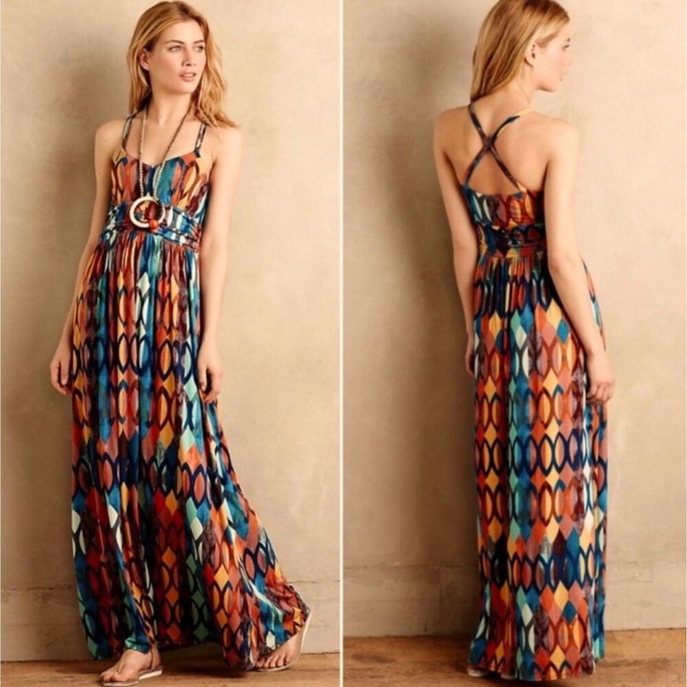 ANTHROPOLOGIE Maeve Dre Noetzie Geometric Jersey Knit Maxi Dress S